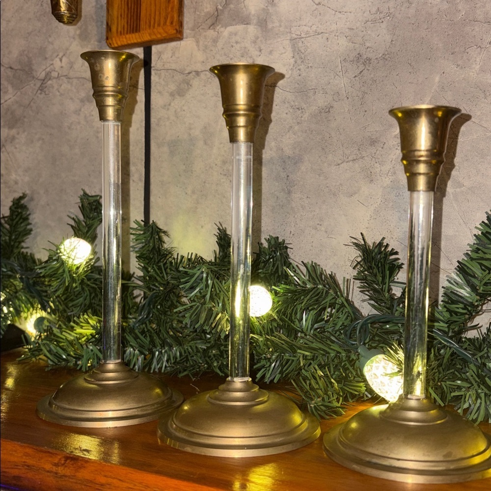 Vintage Lucite & Brass Candlesticks Set of 3 Hollywood Regency Palm Beach Glam